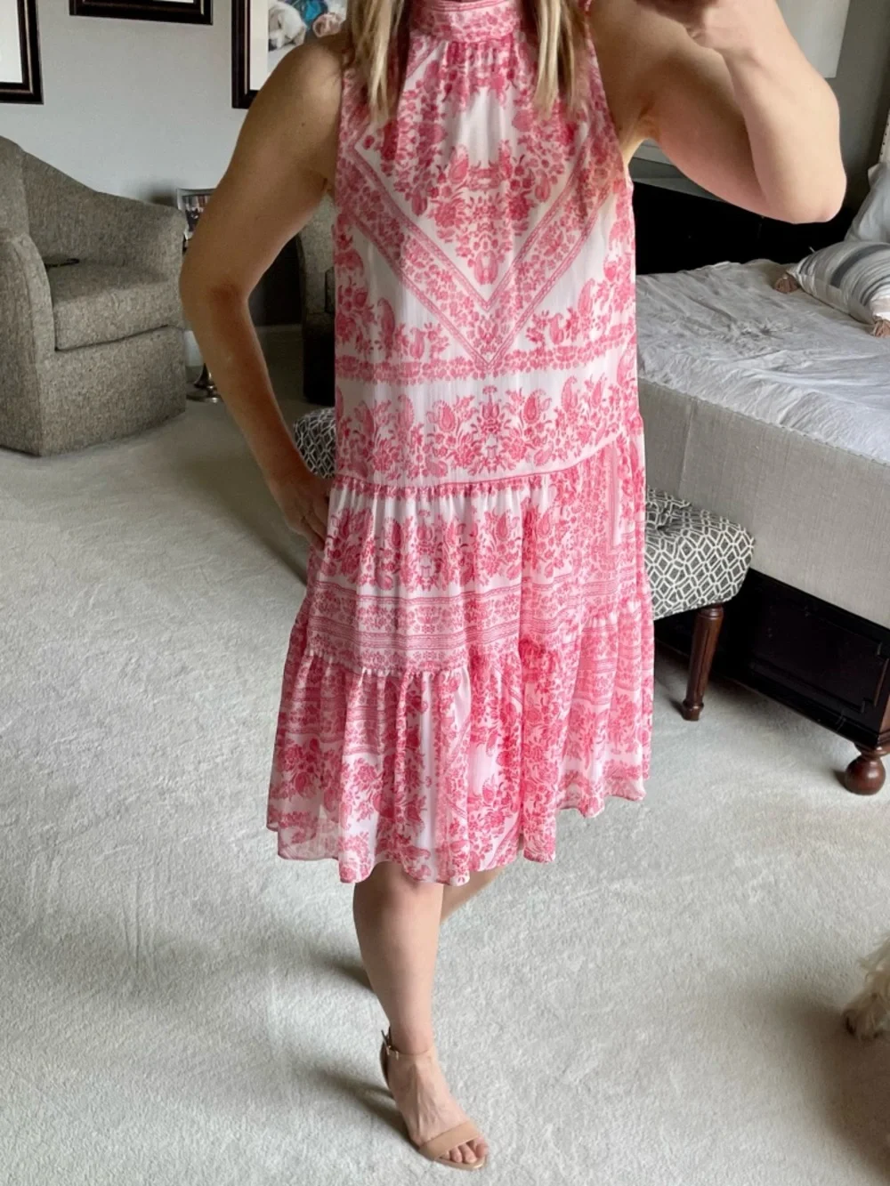 Paisley Pink/White Mock Neck Sleeveless Flowy Dress | Calvin Klein | Size 2 - Picture 3 of 13